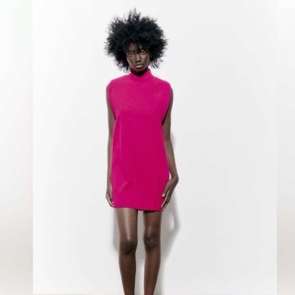 Zara Shoulder Pad Mini Dress Neon Fuchsia Pink Mock Neck Size XL